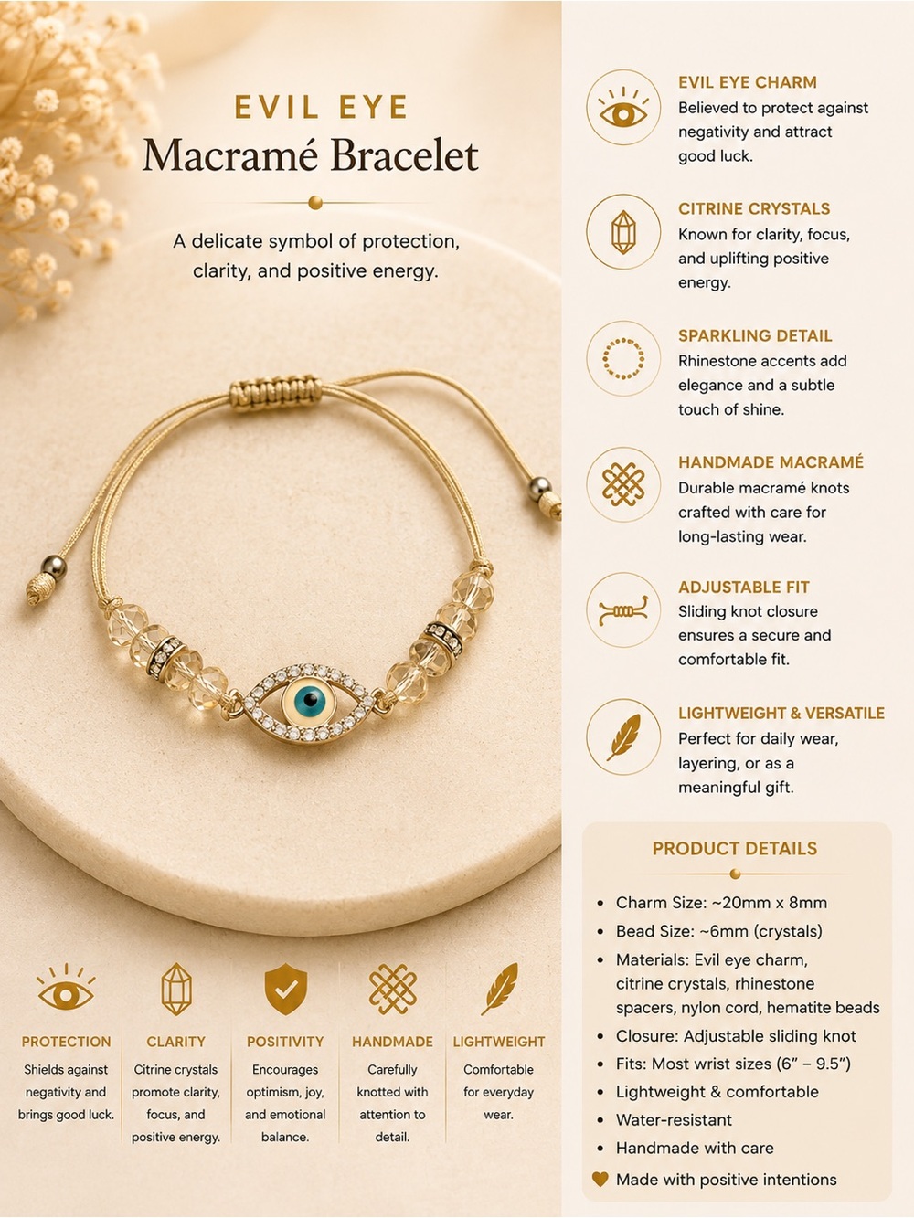 Evil Eye Macramé Bracelet — Gold with Blue Eye